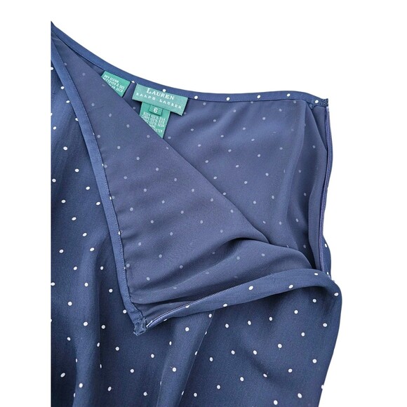 Lauren Ralph Lauren 100% Silk Set Skirt Blouse Top Outfit Navy Polka Dot Size 6 - Picture 9 of 16